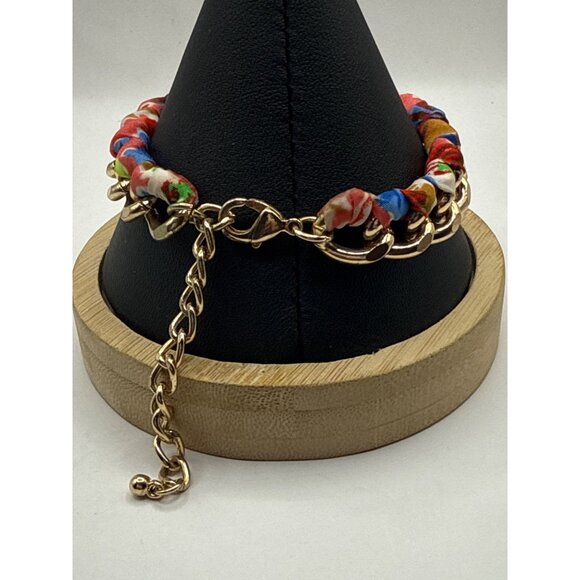 Colorful Fabric-Wrapped Gold Chain Bracelet With Lobster Clasp & Adjustable Fit - Picture 5 of 6